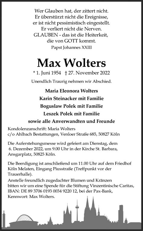 Traueranzeigen Von Max Wolters WirTrauern