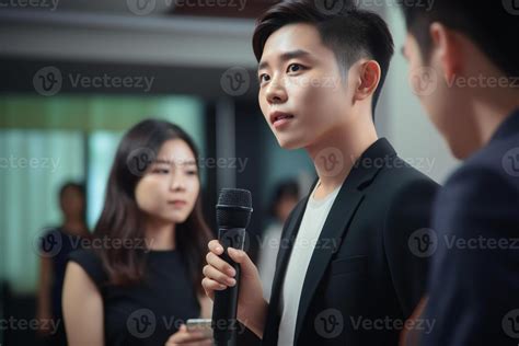 A man holding mic public speaking in front of the audience. realism ...