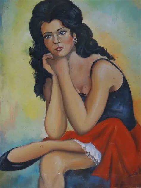 ANCIEN TABLEAU PEINTURE huile portrait de femme Pin up Art naif signé