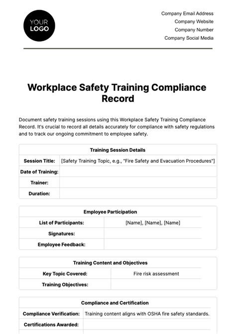 Free Workplace Safety Training Compliance Record Template Edit Online