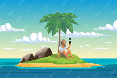 Premium Vector A Sad Castaway Man Stranded On An Island In The Middle