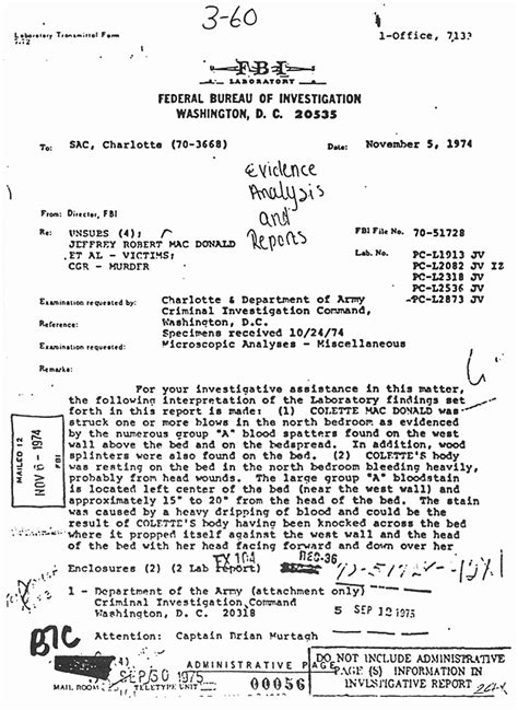 Fbi Lab Report Re Colette Macdonald Nov 5 1974 Jeffrey Macdonald Case