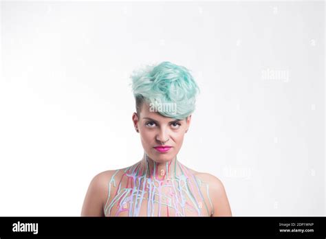 Bbeautiful Woman Blue Hair Body Paint Hi Res Stock Photography And
