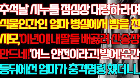 반전 실화사연 추석날 시누들 점심상 대령하라며 식물인간인 엄마 병실에서 뺨을 올린 시모 어느 안전이라고 빌어 순간 등뒤에선