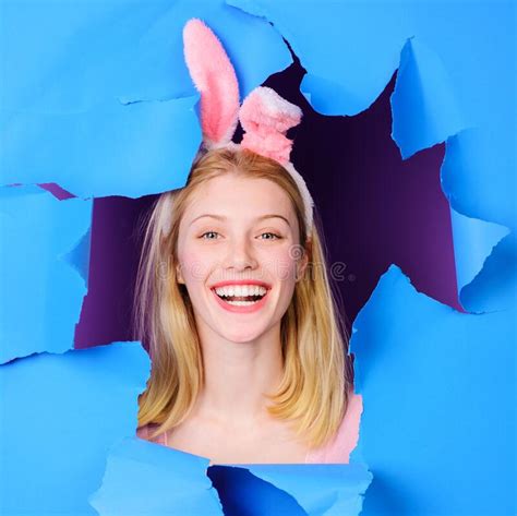 Happy Easter Smiling Girl In Bunny Ears Looking Through Paper Hole Spring Holiday Sale