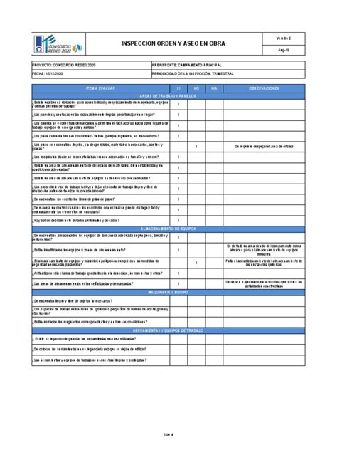 Inspeccion Orden Y Aseo Obra V2 Pdf Residuos Mercancías Peligrosas