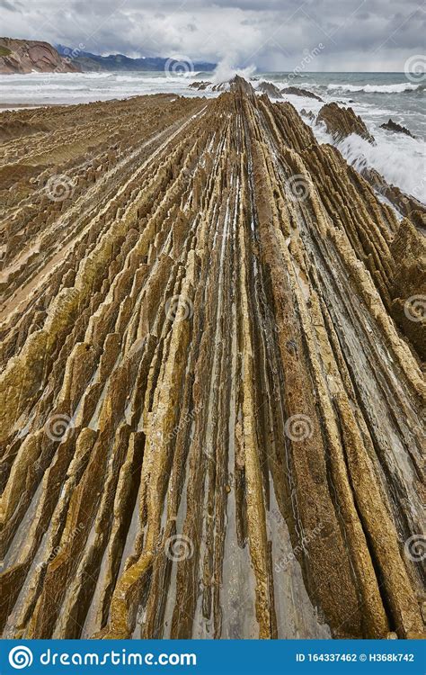 Flysch Dramatic Rock Formation Cantabric Sea In Zumaia Euskadi Stock