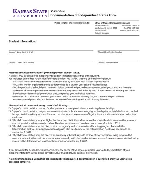 Fillable Online K State Documentation Of Independent Status Form Fax