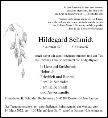 Traueranzeigen Von Hildegard Schmidt Sich Erinnern De