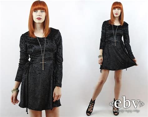 Vintage 90s Grunge Black Crushed Velvet Mini Dress S M Black Velvet