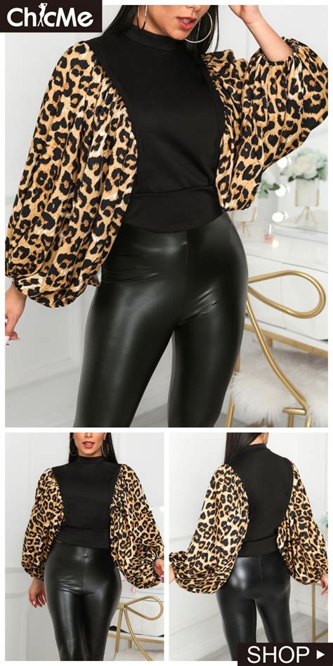 Leopard Print Patchwork Lantern Sleeve Blouse Womens Fashion Fashion