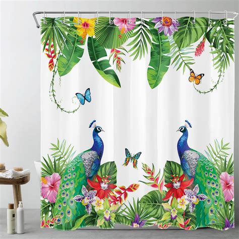 HVEST Tropical Green Leaf Shower Curtain For Bathroom Funny Peacock And