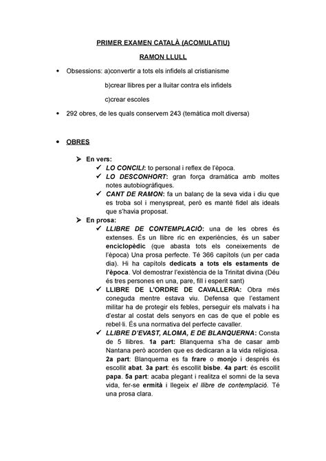 Resum 1r examen català batx Ramon Llull PRIMER EXAMEN CATALÀ