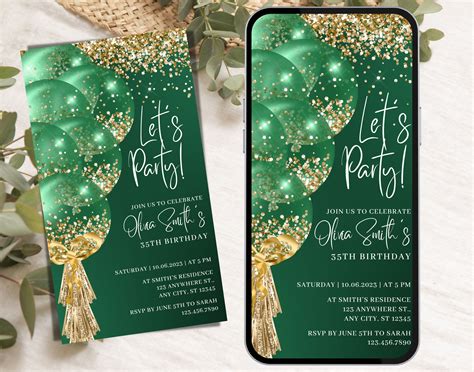 Digital Green Gold Birthday Invitation Green Gold Glitter Balloons