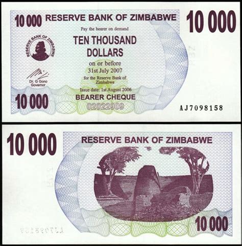 Zimbabwe Dollars Unc P B Bearer Cheque