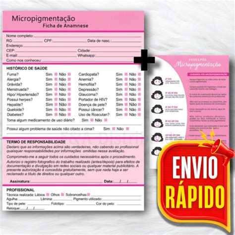 Ficha Anamnese Micropigmenta O Bloco Cuidados Kit Micropigmenta O