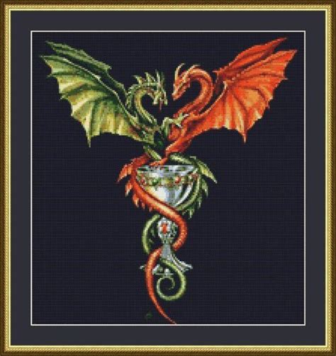 Red And Green Dragons Fantasy Counted Cross Stitch Pattern In Pdf For