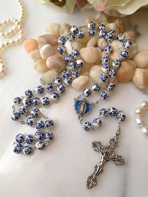 Blue And White Floral Ceramic Bead Rosary Heart Center Virgin Mary
