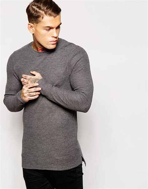 Asos Muscle Fit Longline Long Sleeve T Shirt In Waffle Fabric In Gray