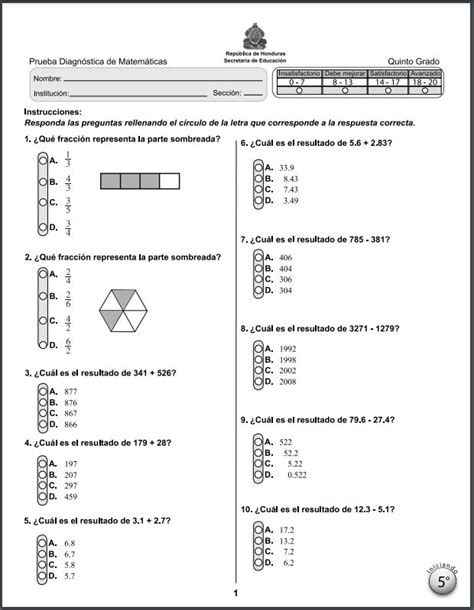 Prueba Diagn Stica Matem Ticas Quinto Grado Libros Honduras