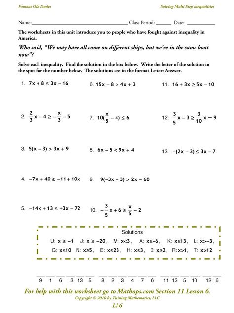 Solving Two Step Inequalities Worksheets