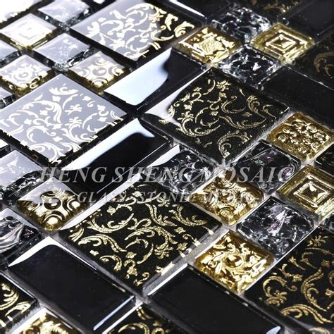 Arabesque New Design Gold line Laminated Black Glass Art Flower Mosaic ...