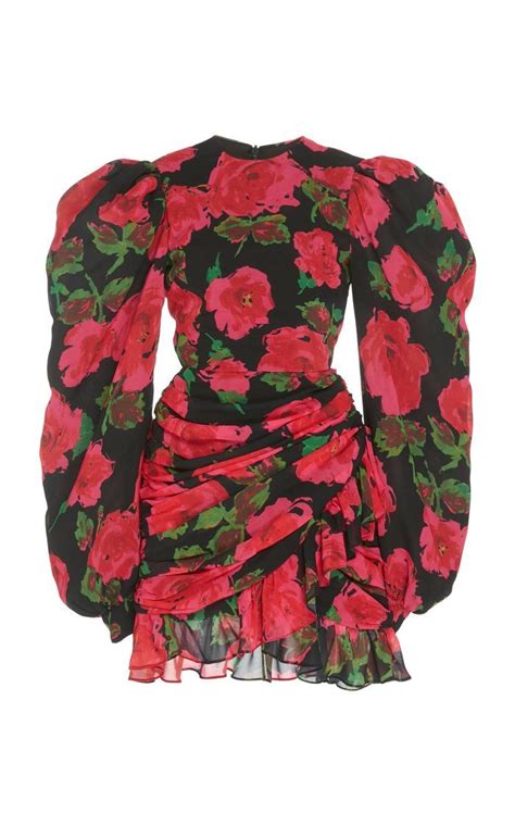 Richard Quinn Ruched Floral Print Chiffon Dress Floral Print Chiffon