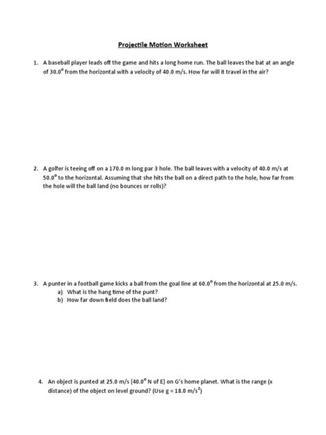 Projectile Motion Worksheet | PDF