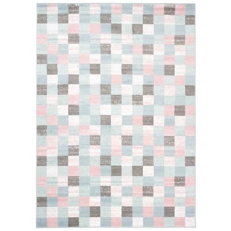 Tapiso Tapis Chambre Enfant Baby Gris Rose Bleu Blanc Carreaux