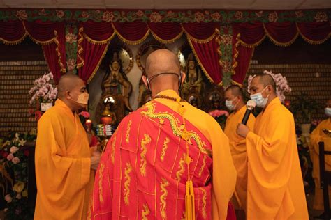 Bandung City Indonesia 2022 The Monks With Orange Clothes Pray