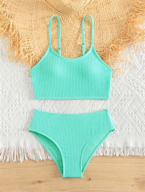 Conjunto de Maiô Bikini Franzido Liso para Meninas Pré Adolescentes Praia de Verão SHEIN Brasil