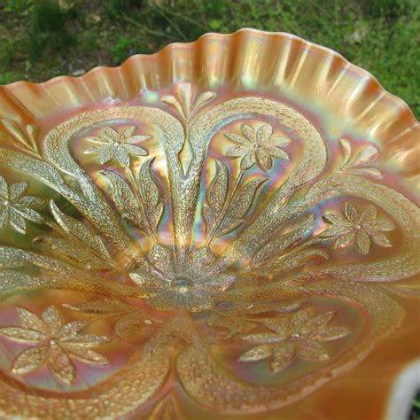 Antique Dugan Flowers And Frames Peach Opal Carnival Glass Tri Corner Bowl Carnival Glass