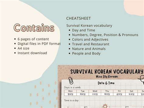 Survival Korean Vocabulary Pdf Cheatsheet Set Miss Elly Korean