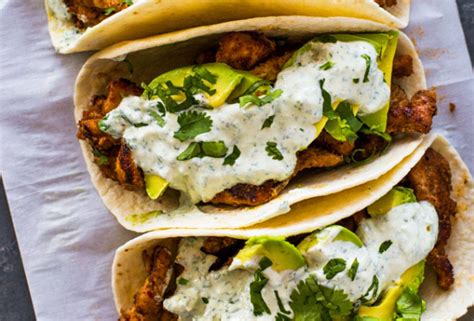 Spicy Chicken And Avocado Tacos With Creamy Cilantro Lime Sauce