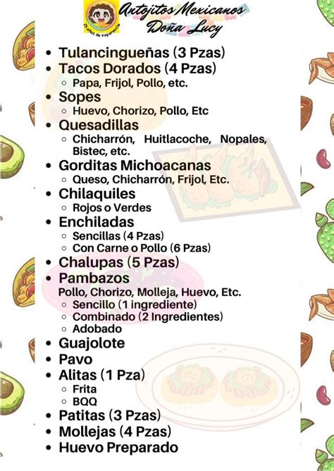 Carta del restaurante Antojitos Mexicanos y Pikalokos Doña Lucy La