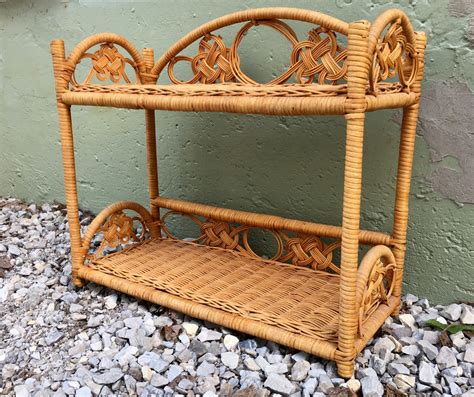 Vintage Brown Wicker Hanging Two Tiered Bathroom Shelf Mid Century Rattan Bathroom Storage