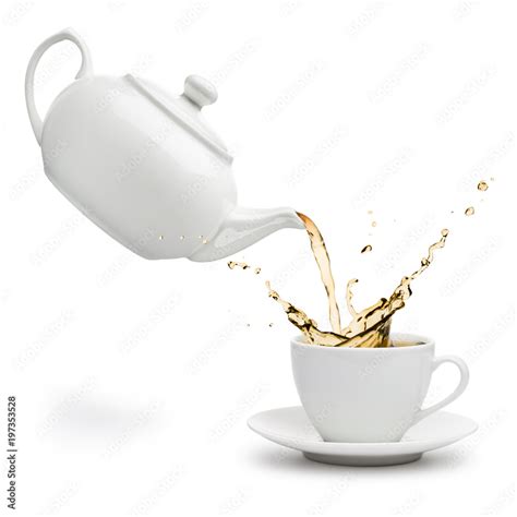 teapot pouring tea into cup on white background Stock Photo | Adobe Stock