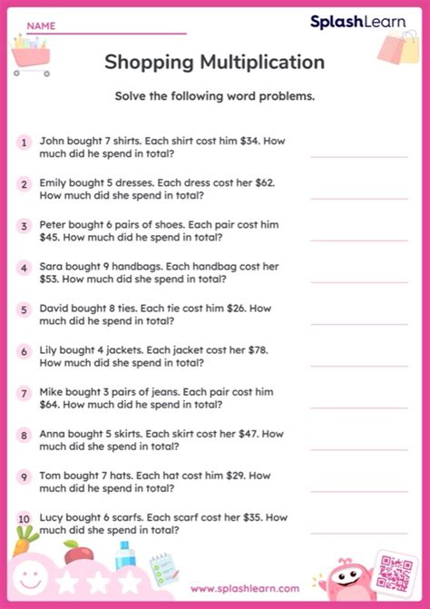 Multiply 2 Digit Numbers And 1 Digit Numbers Shopping Word Problems Worksheet