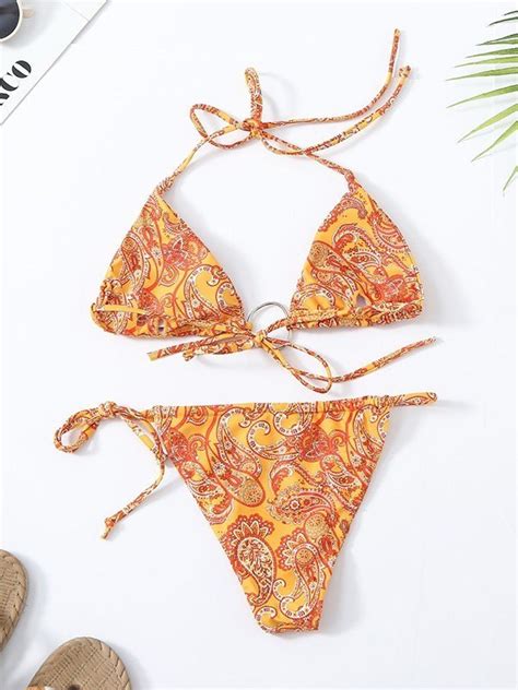 Emmiol Free Shipping Paisley Print Bikini Set Orange M In Bikini