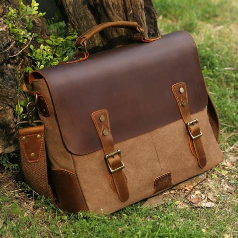 Satchel Messenger Bag for men Vintage Real Leather Canvas 15.6-inch La ...