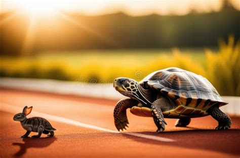 Fast Bunny Versus Slow Turtle Outdoors At Racing Track Illustration Of