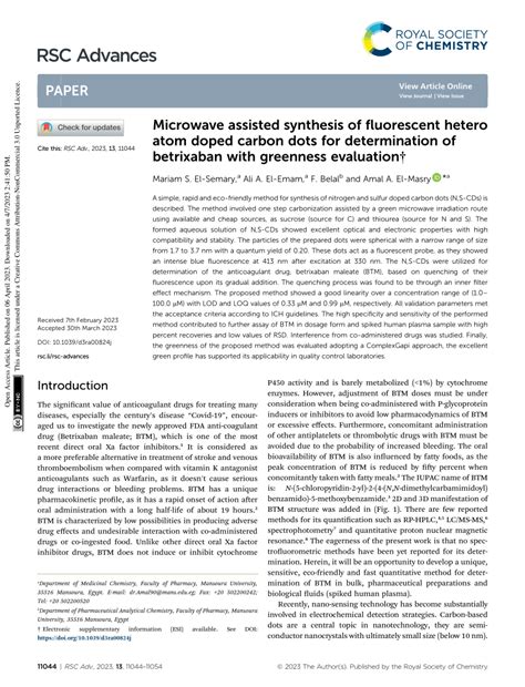 Pdf Microwave Assisted Synthesis Of Fluorescent Hetero Atom Doped