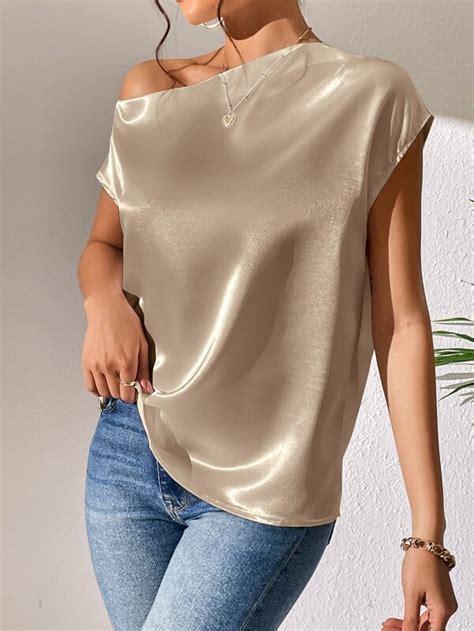 Shein Priv Solid Asymmetrical Neck Satin Blouse Shein Usa