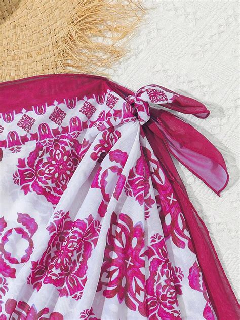 Tween Girl Colorful Printed Bikini Sets With Cover Up Skirt For Beach