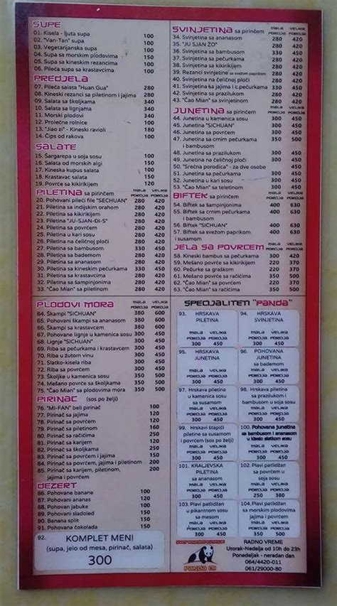 Menu At Panda Restaurant Belgrade