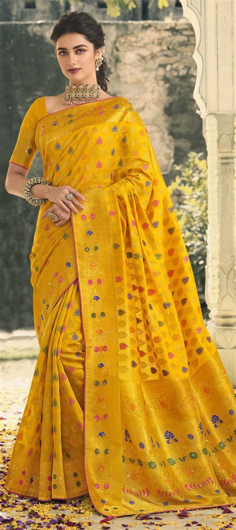 Reception Traditional Yellow Color Banarasi Silk Silk Fabric Saree 1834085