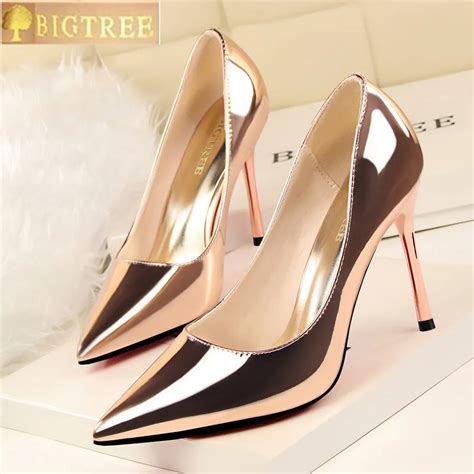 Bigtree Women Pumps Pu Patent Leather 10cm Thin High Heel With Shallow