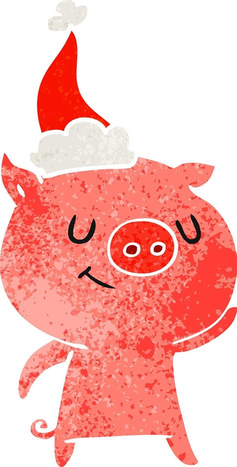 Happy Retro Cartoon Of A Pig Wearing Santa Hat Vector Art At