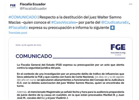 Judicatura destituye al juez Walter Macías Fiscalía se pronuncia