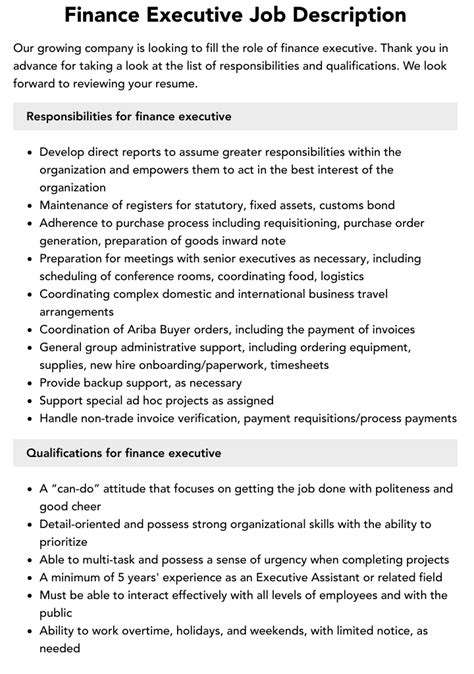 Finance Executive Job Description Velvet Jobs